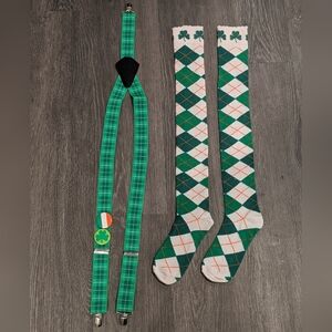 Green Plaid St. Patrick's Day Suspenders and Argyle Over the Knee Socks Set
